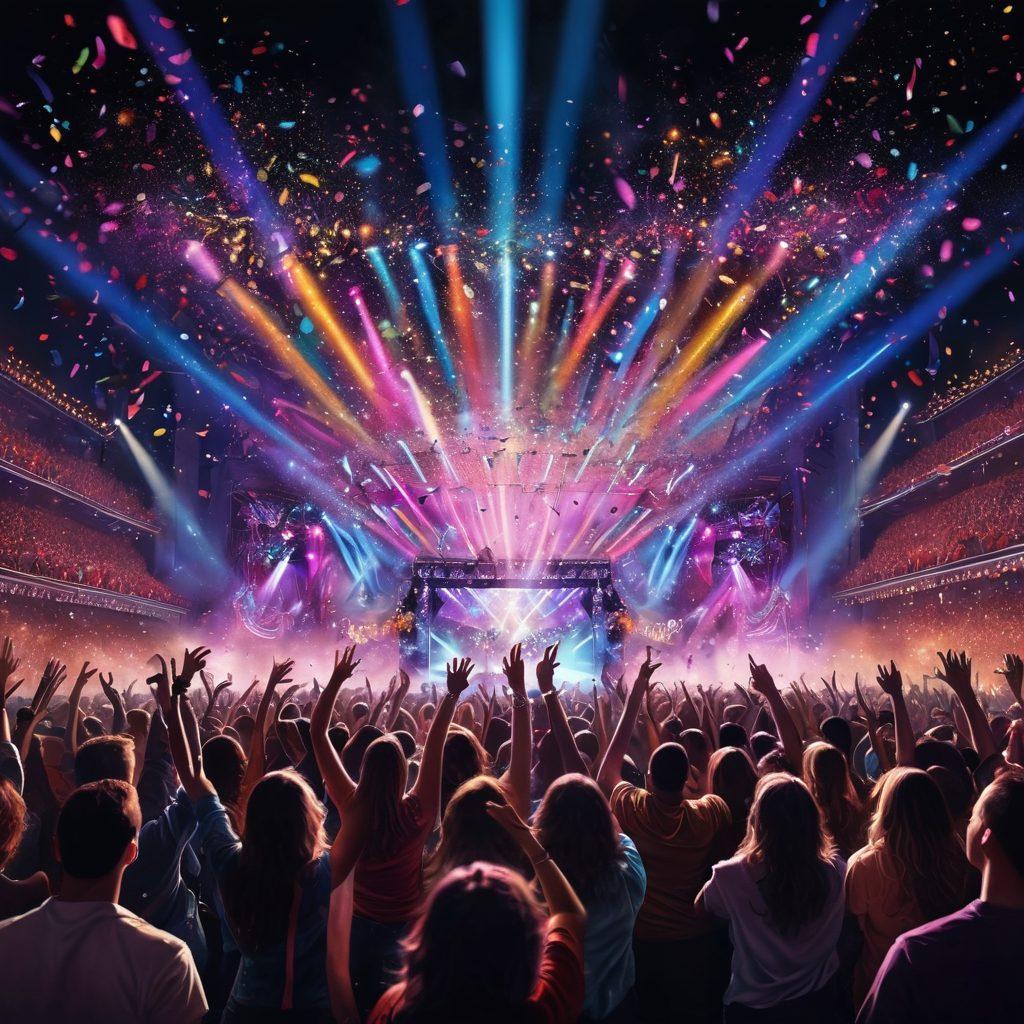 A dynamic scene of a vibrant rock concert filled with cheering fans, colorful lights, and a powerful band performing on stage. Include elements that evoke joy such as confetti falling and people dancing with big smiles. Add musical notes and colorful guitars to emphasize the rock music theme. super-realistic. vibrant colors. energetic atmosphere.