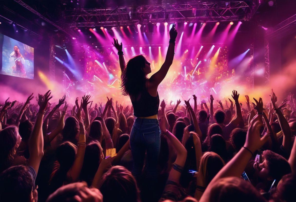 A dynamic concert scene showcasing a rock band performing energetically on stage, with colorful lights illuminating the crowd of ecstatic fans joyfully dancing. Include elements of musical notes swirling in the air, confetti falling, and expressions of pure happiness on the audience. Capture the thrilling atmosphere of a live rock performance, emphasizing connection and joy. vibrant colors. super-realistic.