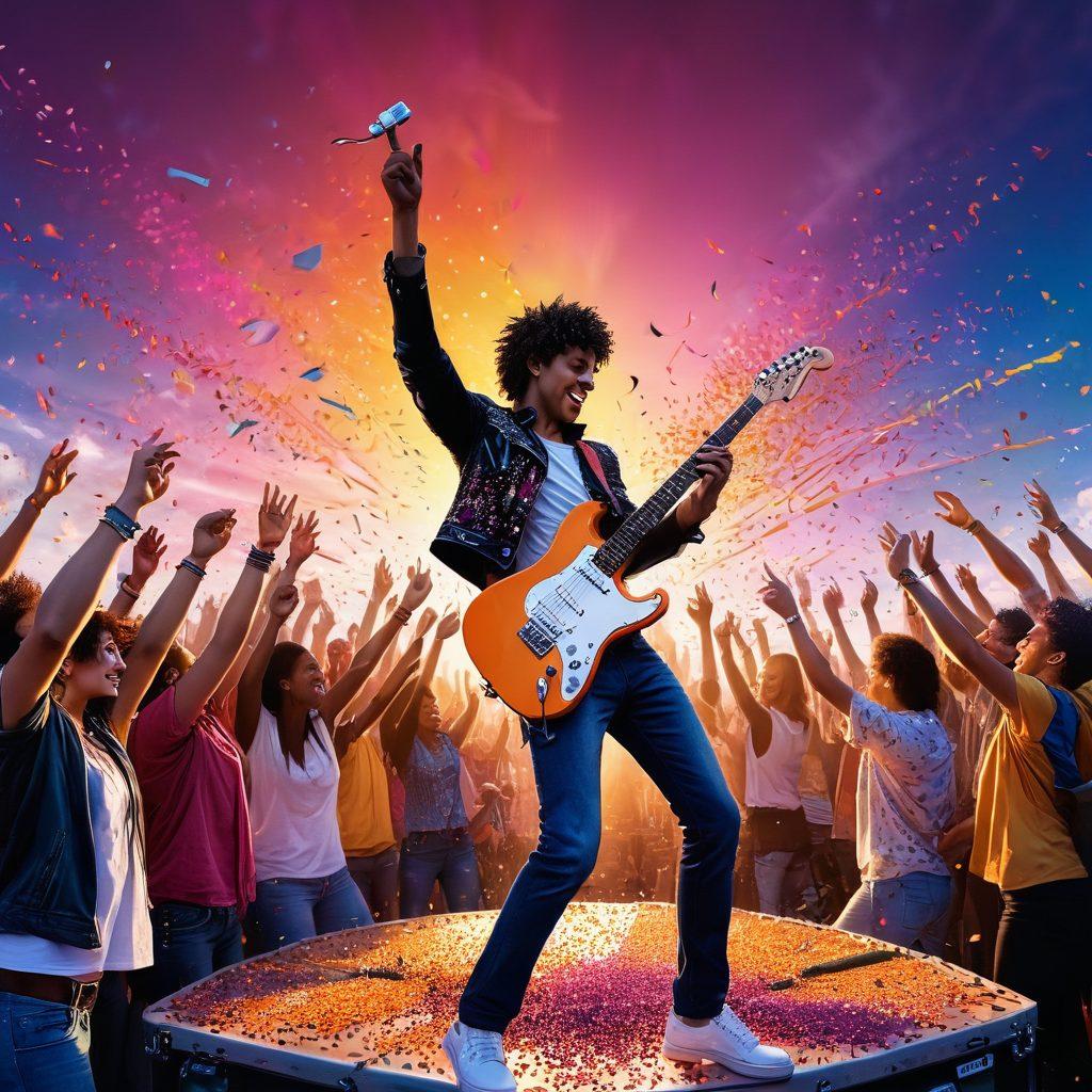 A lively scene depicting a colorful rock concert where the crowd is joyfully dancing under a dazzling light show. Include cheerful faces, musical instruments like electric guitars and drums, and vibrant confetti raining down. The backdrop features a sunset sky that radiates warmth and positivity. Emphasize an energetic atmosphere that captures the essence of music and celebration. super-realistic. vibrant colors. 3D.